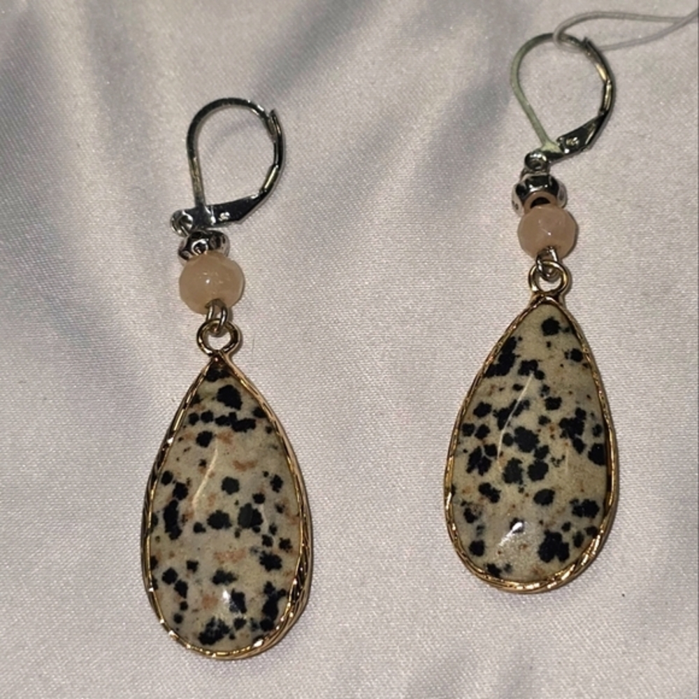 J. Jill Dangle Earrings Teardrop Dalmatian Jasper Stone Bead Lever Back Earrings